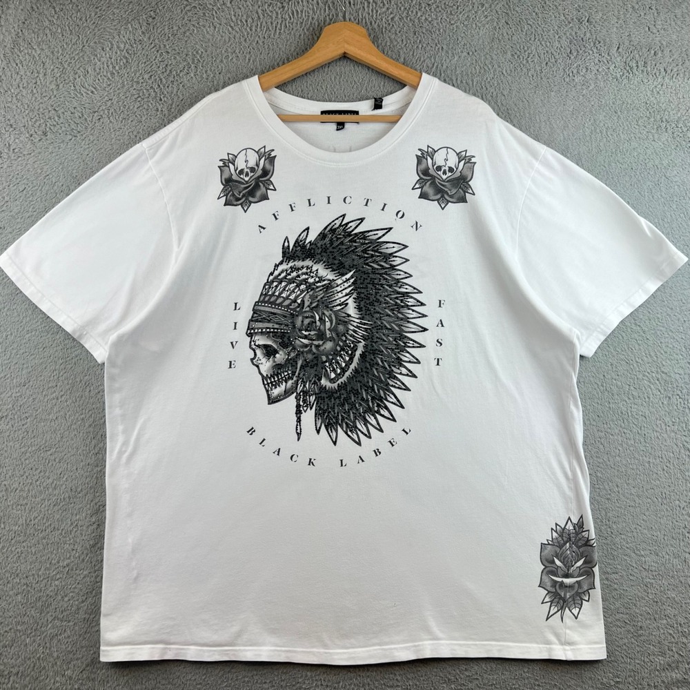 Affliction Black Label Mens 3XL White Skull Headdress Rhinestone Graphic T-Shirt